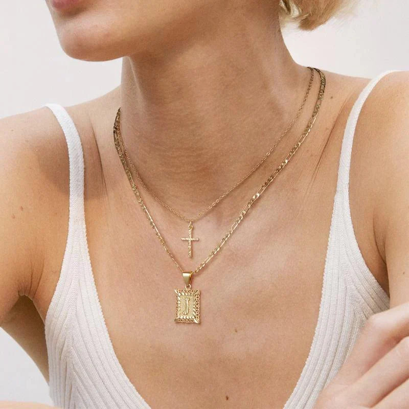 Initial and Cross Necklace Set