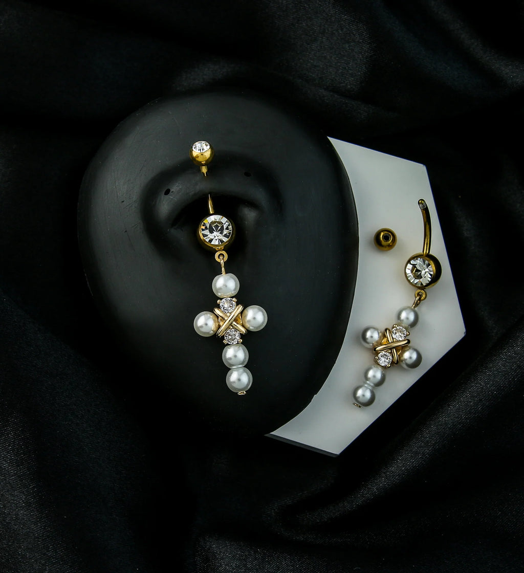 Pearl Cross Belly Button Piercing Ring