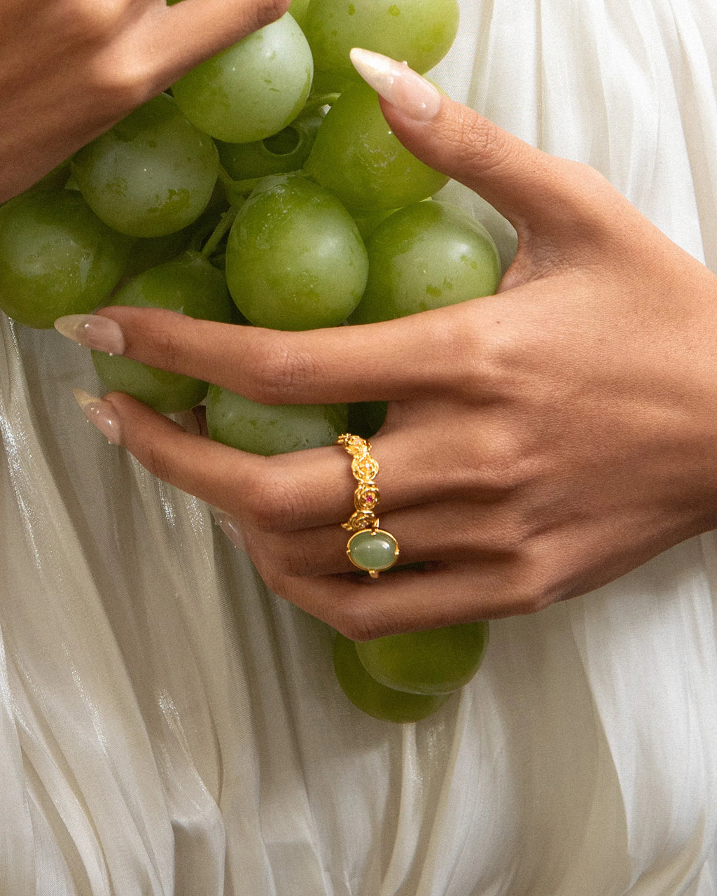 Green Stone Hammered Ring