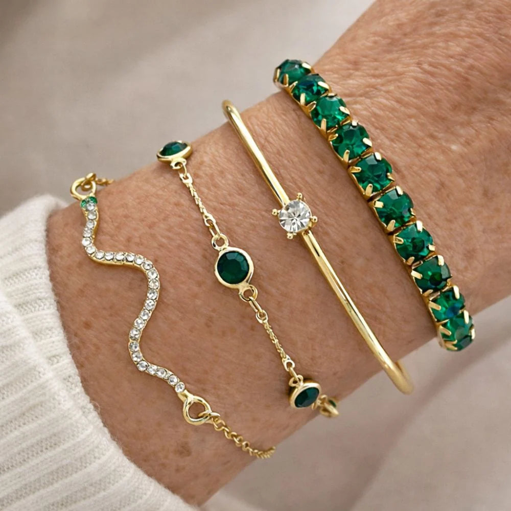Green Stone Layered Bracelet Set